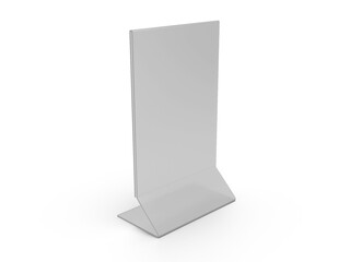 Blank acrylic tent, menu frame in Bar restaurant. Stand for booklet with white sheet paper acrylic tent card on table isolated on empty background.