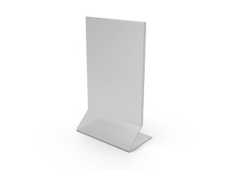 Blank acrylic tent, menu frame in Bar restaurant. Stand for booklet with white sheet paper acrylic tent card on table isolated on empty background.