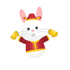 Rabbit in traditional Chinese dress holding gold money in Chinese new year