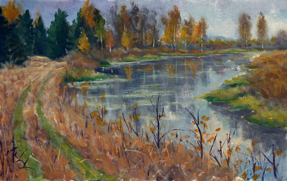 Russian autumn on river landscape painting on canvas by artist