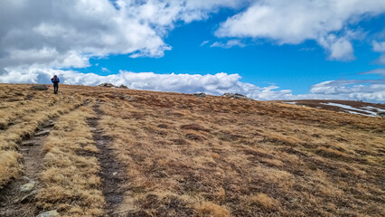 Rear view of man with hiking backpack walking on alpine meadow from Ladinger Spitz to Gertrusk,...