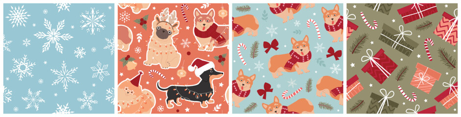 Pug, dachshund, corgi, and pomeranian with winter elements. Set of cute festive seamless patterns with dogs. Hand-drawn vector illustration in trendy colors.