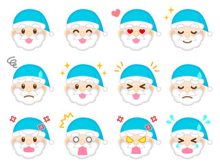 水色サンタクロースの喜怒哀楽ベクター顔アイコン素材セット
