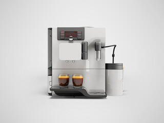 3d illustration of white automatic coffee machine with milk dispensing on gray background with shadow
