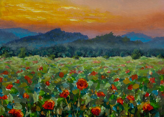 Fototapeta na wymiar Flowers painting, red poppies, oil paintings landscape impressionism artwork