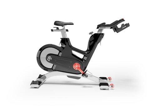 3d illustration of modern exercise bike upright for sports side view on white background with shadow