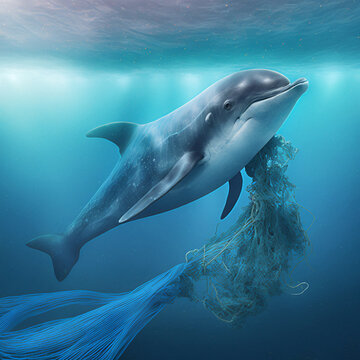 Im Fischernetz verhedderter Delphin, made by AI, k&uuml;nstliche Intelligenz