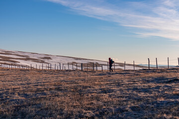 Silhouette of a woman hiking on alpine meadow along a fence after sunrise from Ladinger Spitz to Gertrusk, Saualpe, Lavanttal Alps, Carinthia, Austria, Europe. Mountains in Wolfsberg in morning colors