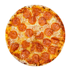 Fresh tasty pizza with pepperoni isolated on white background. Top view