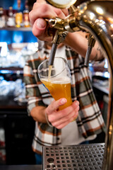 bartender's hands pouring craft beer from a tap into a glass in bar