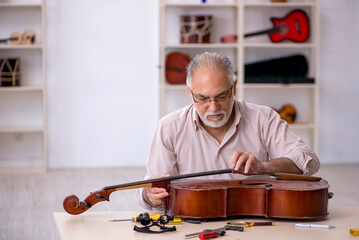Old male repairman repairing musical instruments at workshop © Elnur