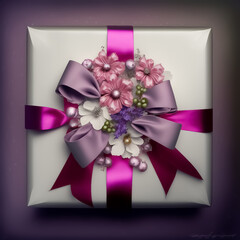 Gift box decorated with flowers and ribbon