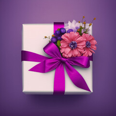 Gift box decorated with flowers and ribbon