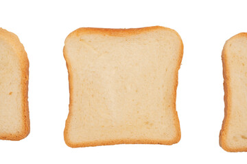 Delicious bread slices isolated on a white background, top view.