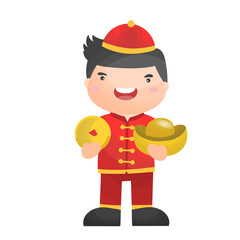 Boy in traditional Chinese dress holding gold money in Chinese new year