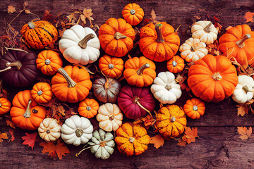Thanksgiving pumpkins, Thanksgiving background, autumn still life, pumpkins decoration, gourds, squashes collection, happy Thanksgiving day