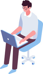 isometric man with laptop. Programmer, business man