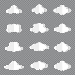 Different clouds on blue sky in origami design. Collection of white paper cut out cloud icons. Paper cloud. Weather symbols. Vector illustration