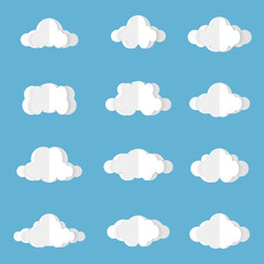 Different clouds on blue sky in origami design. Collection of white paper cut out cloud icons. Paper cloud. Weather symbols. Vector illustration
