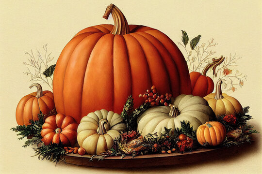 Autumn still life composition, Thanksgiving pumpkins with berries on a plate, Thanksgiving background, pumpkins decoration, gourds, squashes collection, happy Thanksgiving day, flowers