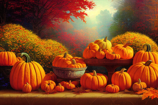 Autumn Thanksgiving day background. Pumpkins, gourds, squashes. Beauty Holiday autumn festival concept. Fall scene. Orange pumpkin over beauty bright autumnal nature background. Harvest