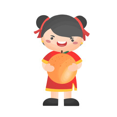 girl in traditional Chinese dress holding peach in Chinese new year