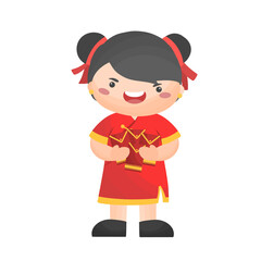 girl in traditional Chinese dress holding red envelope in Chinese new year