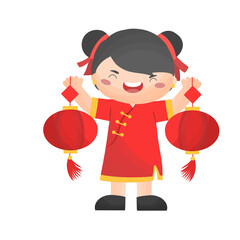 girl in traditional Chinese dress holding lantern in Chinese new year