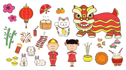 Kids drawing vector Illustration set of Chinese New Year 2023 and cute rabbit for chinese rabbit year - obrazy, fototapety, plakaty