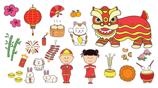 Kids drawing vector Illustration set of Chinese New Year 2023 and cute rabbit for chinese rabbit year