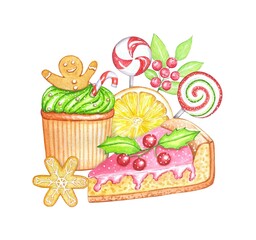 Hand drawn composition with Christmas sweets, watercolor illustration