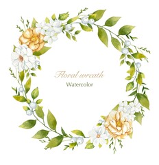 Fototapeta premium Floral watercolor wreath of leaves and white and beige flowers