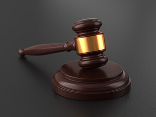 A wooden Judge Gavel and Soundboard. Gavel of justice on black background. 3d rendering