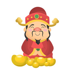 old man in traditional Chinese dress with gold money in Chinese new year