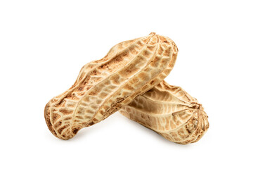 Two unpeeled nuts isolated on white background. Peanuts, macro shot with clipping path
