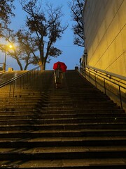 남산 공원 계단, 비오는 날 빨간 우산 쓴 여자 / Namsan Park Stairway, a woman with a red umbrella on a rainy day 