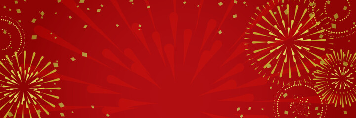 華やかな花火が上がる赤い背景イラスト