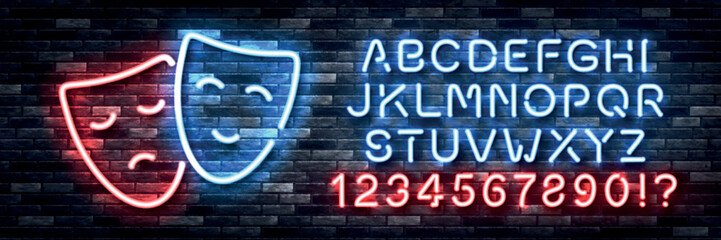 Vector realistic isolated neon sign of Drama logo with easy to change color alphabet font on the wall background.