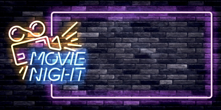 Vector realistic isolated neon sign of Movie Night frame on the wall background.