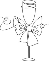 Glass of champagne decorated with a serpentine bow. Christmas decoration. Continuous line drawing. Vector illustration