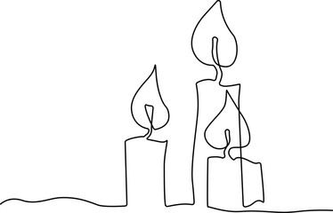 Burning candles. Christmas decoration. Attribute of a romantic evening. Divination by candlelight. Continuous line drawing. Vector illustration