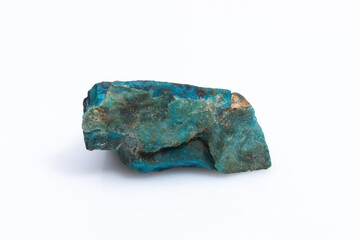 Natural Chrysocolla stone on a white background. Mineral of blue and bluish-green color on a white background