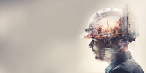 Future building construction engineering project devotion with double exposure graphic design....