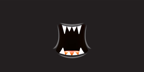 Vector Cartoon wide open monster mouth with fangs isolated on black background. Funny and cute black Halloween Monster open mouth with big white teeth and pink tongue
