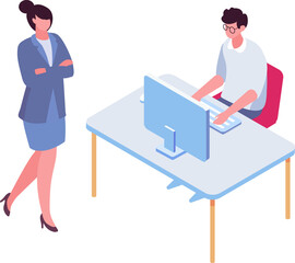 Boss, Leader. Computer working isometric people. Office life illustration