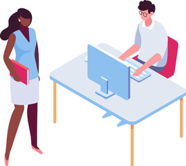 Boss, Leader. Computer working isometric people. Office life illustration