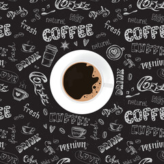 Cup of coffee. Good morning, coffee break. Printable banner, funny web poster template. Top view. Black chalkboard with hand drawn elements on background. Doodle symbols, signs.