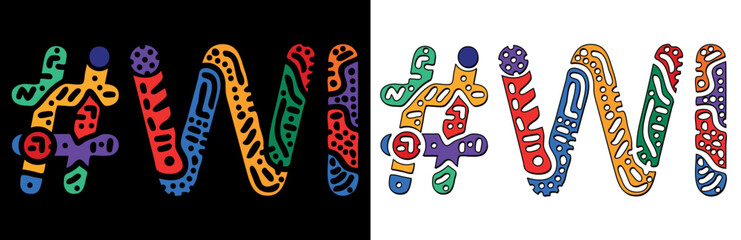 WI Hashtag. Multicolored bright isolate curves doodle letters. Hashtag #WI is abbreviation for the US American Wisconsin. Set for social network, web resources, mobile apps.