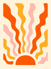 Colorful retro background. Hippie fun gift card template. Vintage 1970s wavy poster. 1960s nostalgic groovy vector illustration.