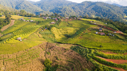 Aerial view at Pa Pong Piang Rice Terraces with homestay on mountain,